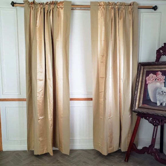 Country Curtain Panels (2) Light Gold Satin Stripe 99W x 84L Cotton Blend Lined - Picture 2 of 10